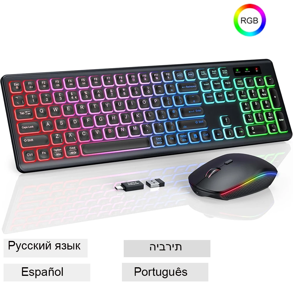 

USB-C Rechargeable Backlight Wireless Keyboard Full-size 2.4GHz Silent Cordless Keyboard Mouse Combo for Windows/PC/Laptop