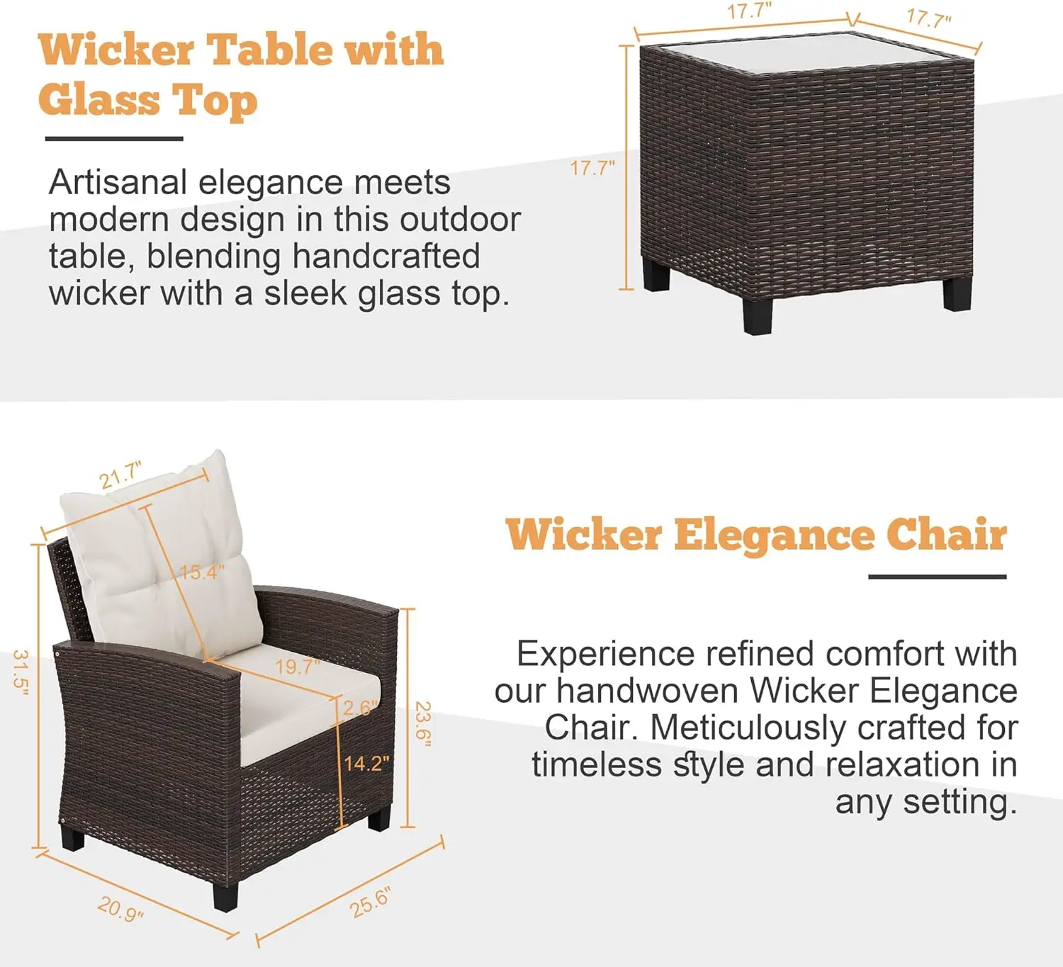 Beige PE rattan wicker 3-piece patio conversation set containing two rattan chairs and glass top table, simple all-weather furniture for garden, poolside, balcony and porch view 3