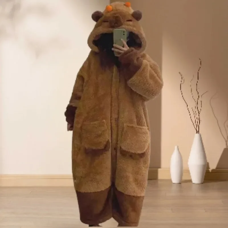 Bathrobe Adult Showerpadded Warm Cartoon Bear Pajamas Coffee Color Dressing Gown Halloween Cosplay One-Piece Pajamas Winter