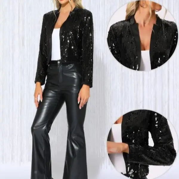 Grenzüberschreitender neuer Damen-Par Long Sve Open Front iny Sequin West Casual Sportanzug Seven-Sve T-Shirt Ort Hosen