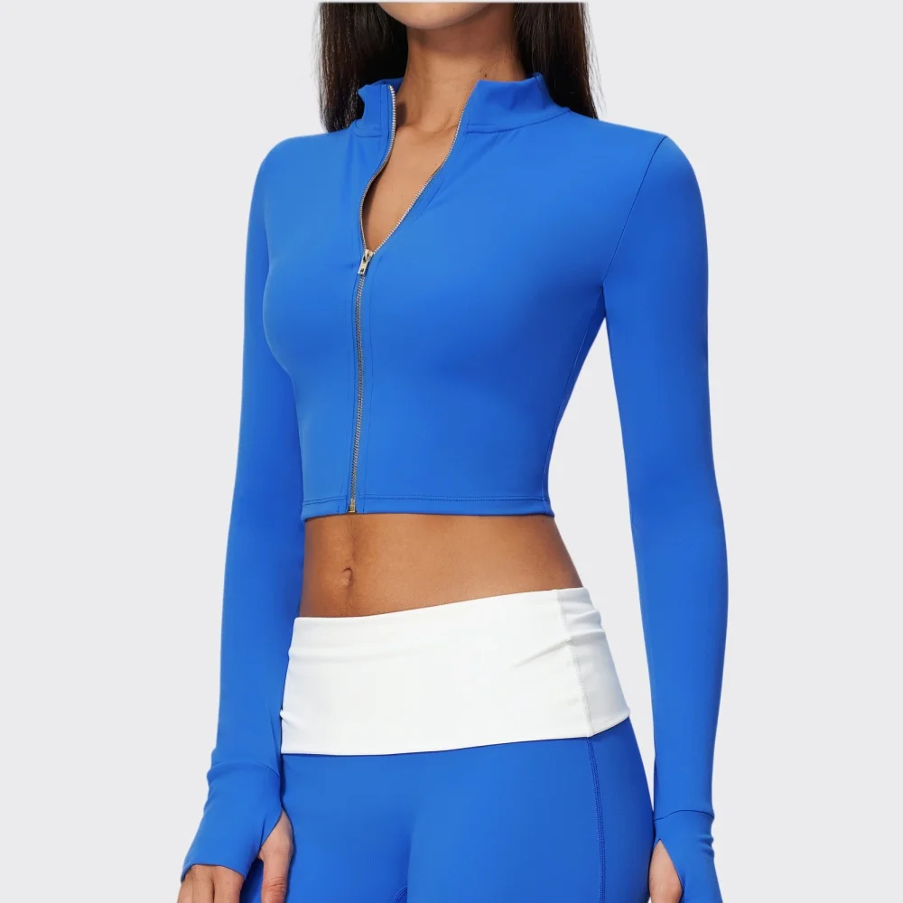 Women's Stand up Collar Yoga Long Sleeved Fitness T-shirt With Thumb Holes Workout Gym Running Zip Jacket Long Sleeve Sweatshirt