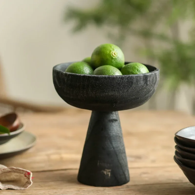 Schwarzes kleines Obsttablett mit hohen Füßen, Dekoration für Trockenobsttabletts, Snacktablett aus Massivholz, Retro-Süßigkeitentablett aus altem Holz