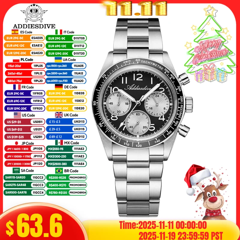 

ADDIESDVIE Men Chronograph Watch AD2517 Nylon Strap 316L Stainless Steel 10Bar Waterproof VK63 BGW9 Super Luminous Quartz Watch