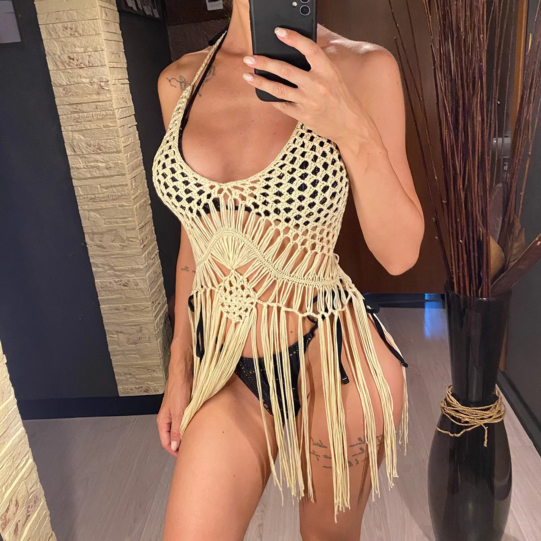 Sexy, langes, mit Fransen versehenes, gehäkeltes, gestricktes Tunika-Oberteil, Strandkleid, Strandmode, Strandbekleidung, Strand-Cover-up, Damen, V5573 – Detail 5
