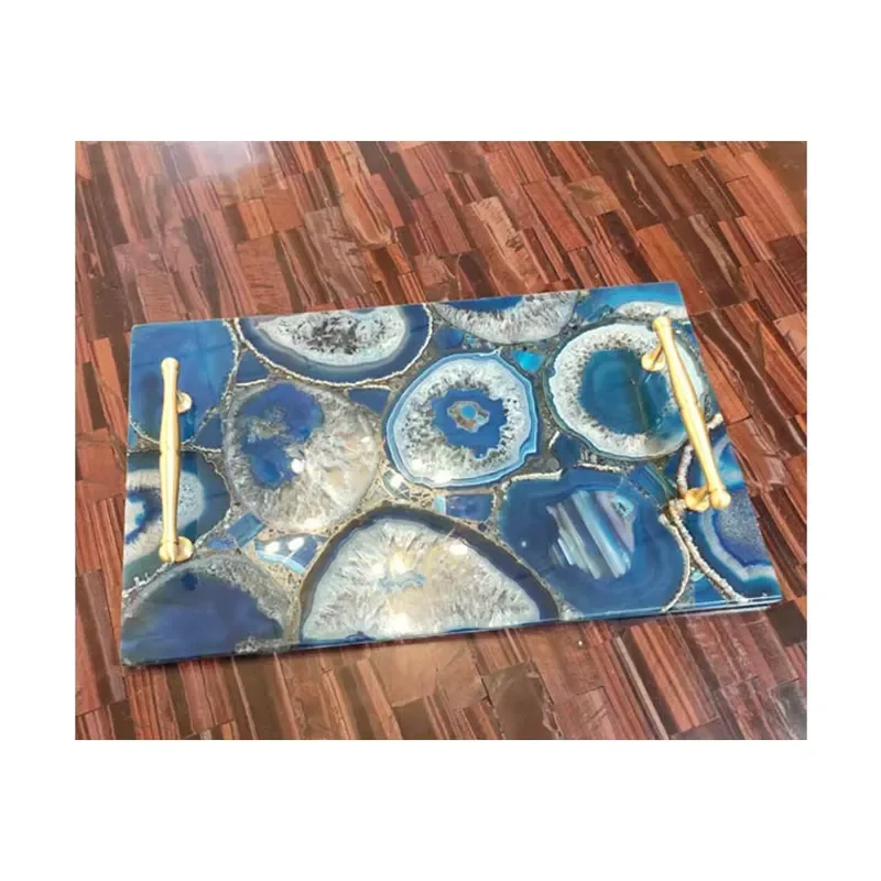 Natural Gemstone Custom Tray with Golden Handle Amethyst Agate Serving Tray for Home Decoration Warming Gift