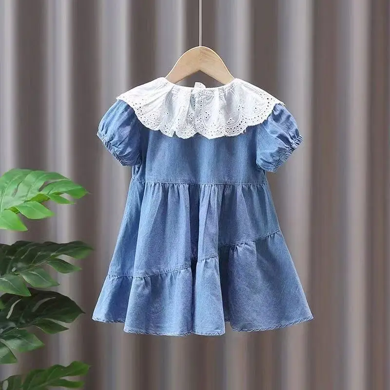 

Children's Dress Summer Clothing 2025 New Girl Baby Lace Neck Short Sleeve Denim Dress Little Girl Princess Dress 80-130CM