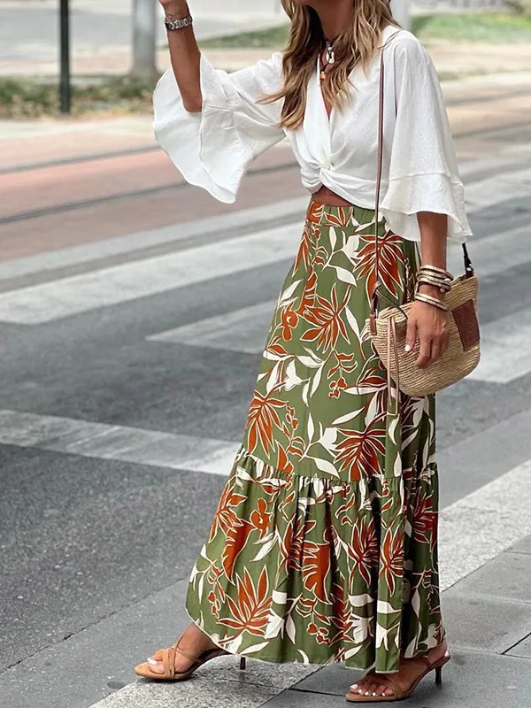 Elegant Women Green Print Elastic Waist Skirt Spring Summer Femme Patchwork Slim SkirtStreetwear Casual Ankle-Length Long Skirt