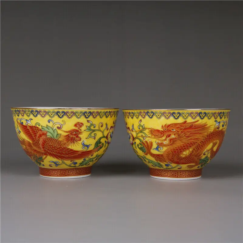 

A Pair Chinese Enamel Porcelain Qing Qianlong Dragon Phoenix Teacup Cup 3.0 Inch