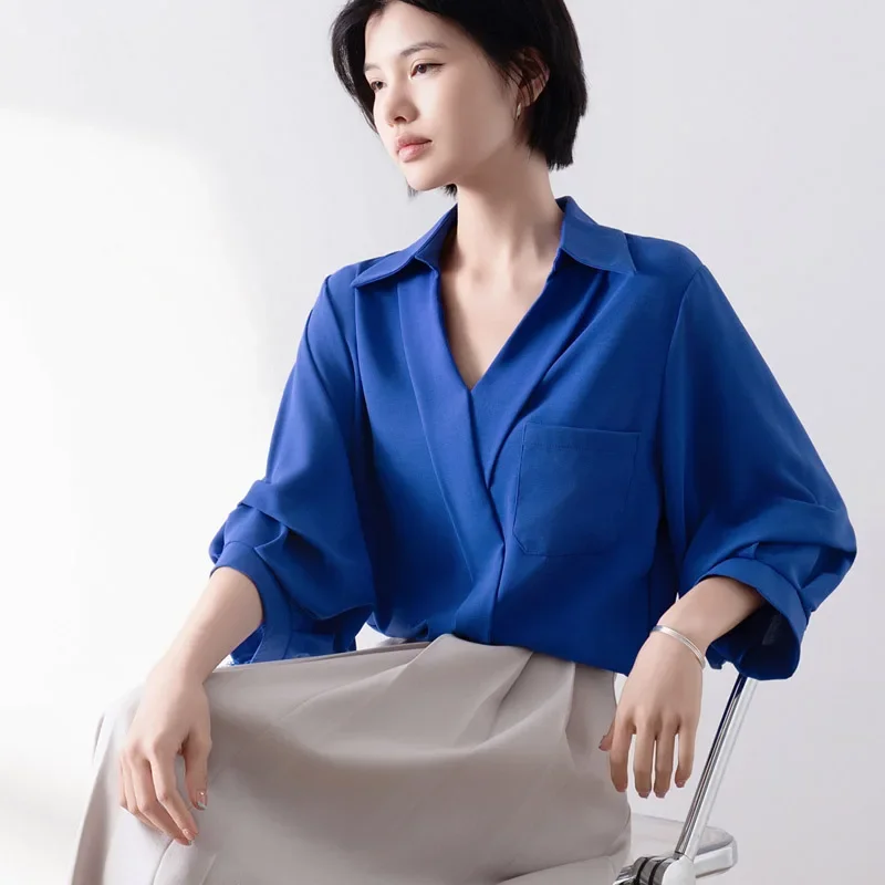 

Vintage Women's Blouses Solid Color Shirts Fashion Loose V-neck Summer Clothing Short Sleeved Chiffon Women Tops