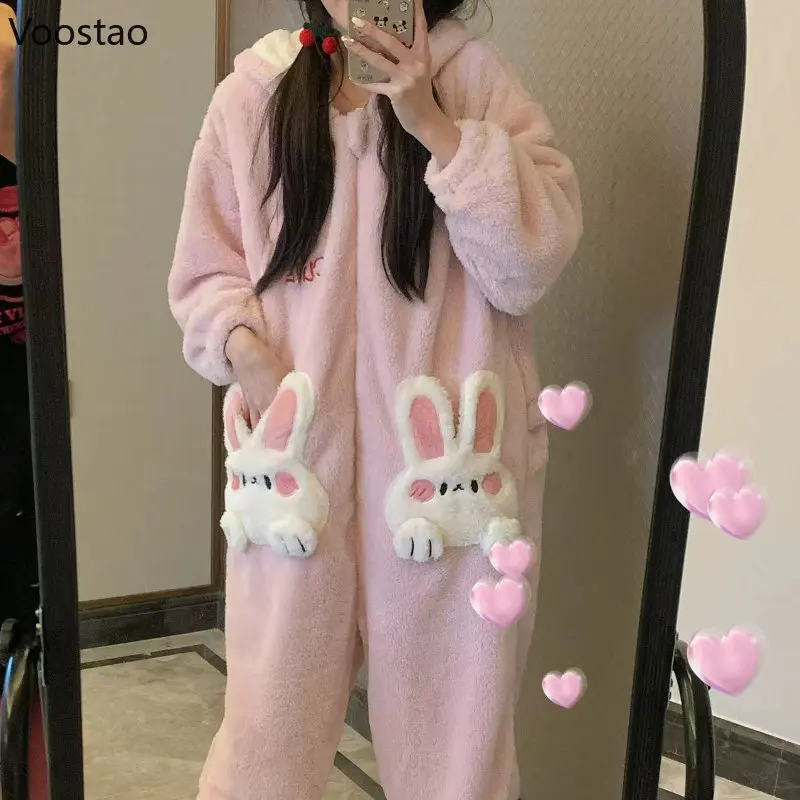 Autumn Winter Women Cute Lolita Princess Onesies Pajamas Coral Fleece Warm Cartoon Bunny Ear Hooded Sleepwear Sweet Homewear