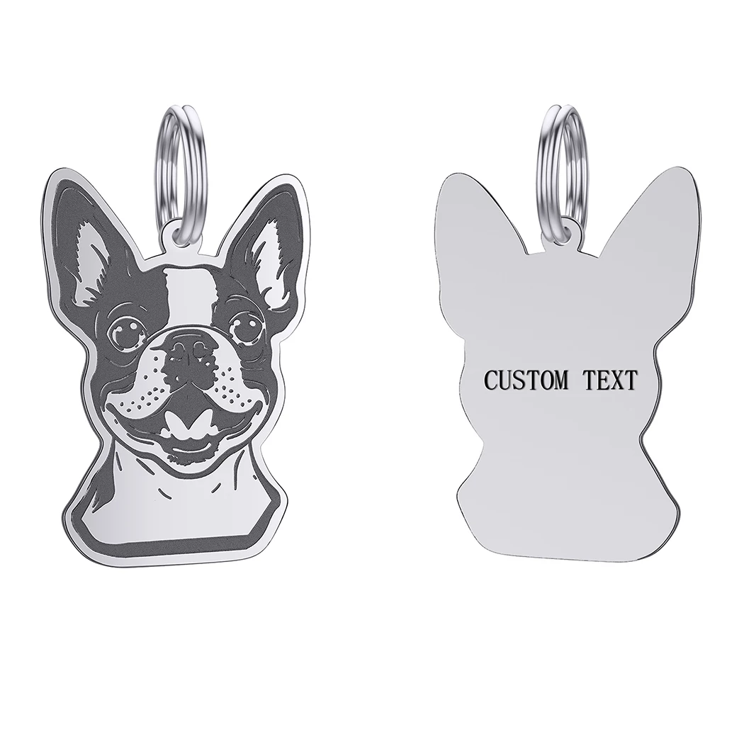 QIMING Personalized Boston Terrier Name Tags Puppy Pet Engraved Stainless Steel Pendant Necklace Keychains Dog ID Tags