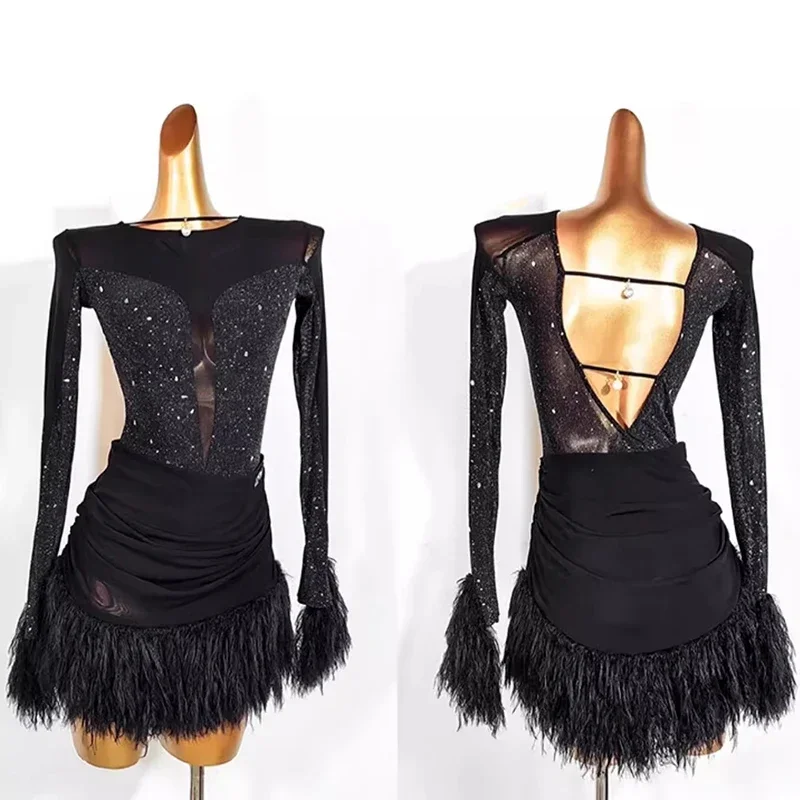 2024 New Latin Dance Competition Dress Women's Performance Tassel Ballroom Dress Long Sleeves Salsa  Clothes Rumba Practice Wear