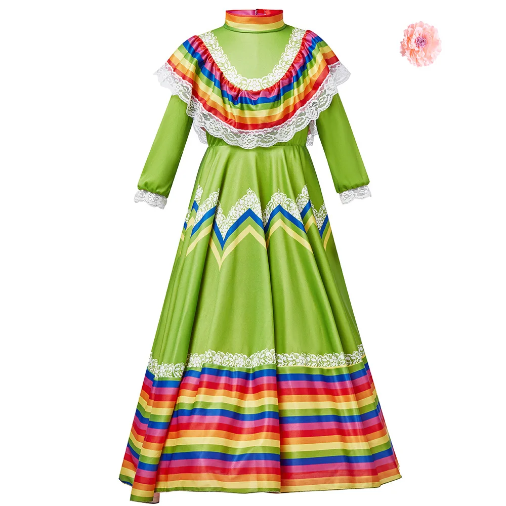 Girls Mexican Traditional Folk Dancer Dress Colorful Stripe Dress with Flower Hair Clip Festival Dance Stage Performance Costume