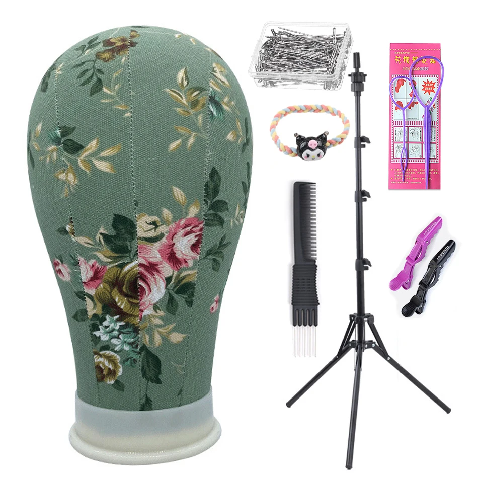 Colorful Printed Flower Canvas Head Covered Block Mannequin Wig Stand Head 21-23inch Used For Wig Making Stocking And Display