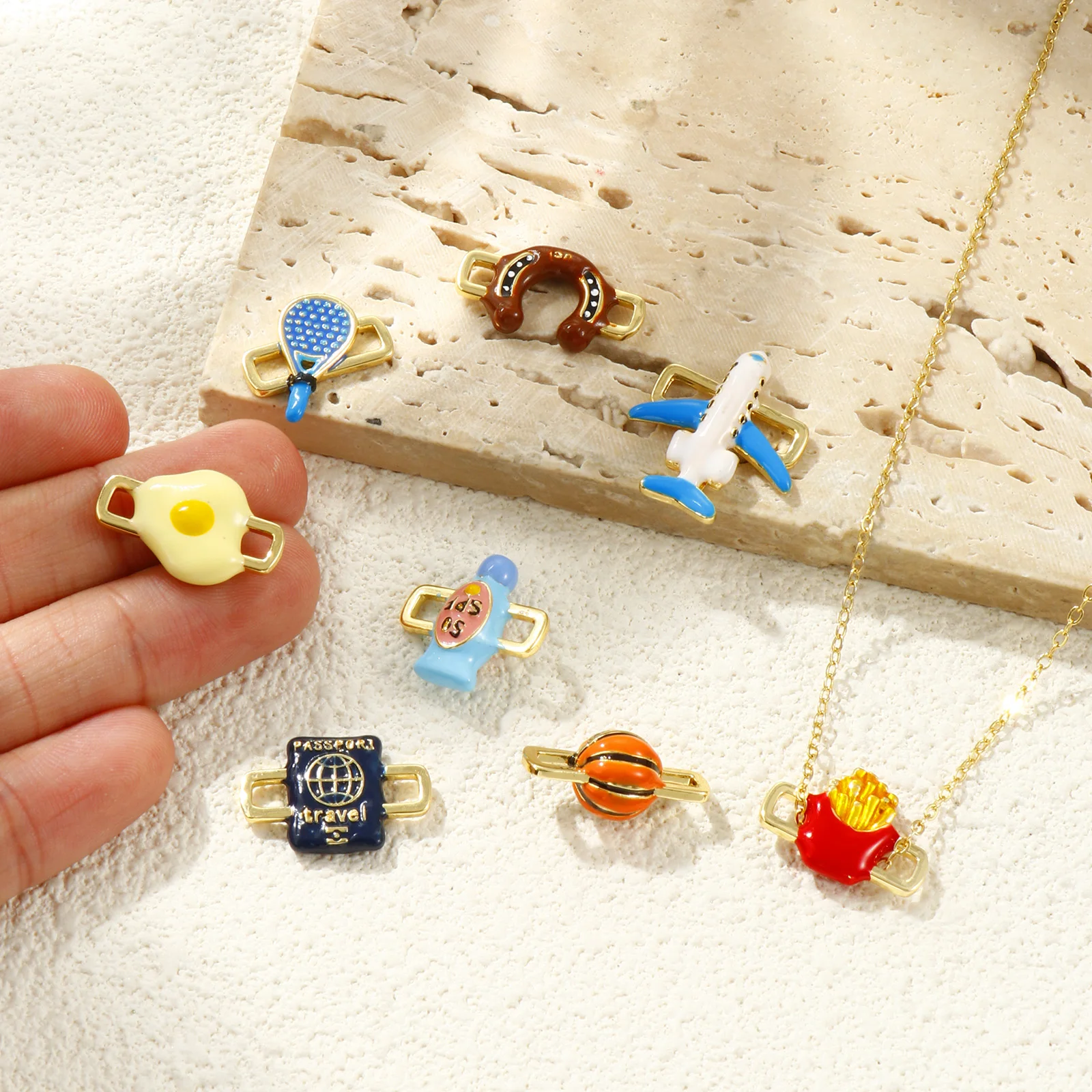 2 PCs Brass Connectors Enamel 3D Basketball French Fries Airplane Charms Pendants For DIY Necklace Bracelet Jewelry Making