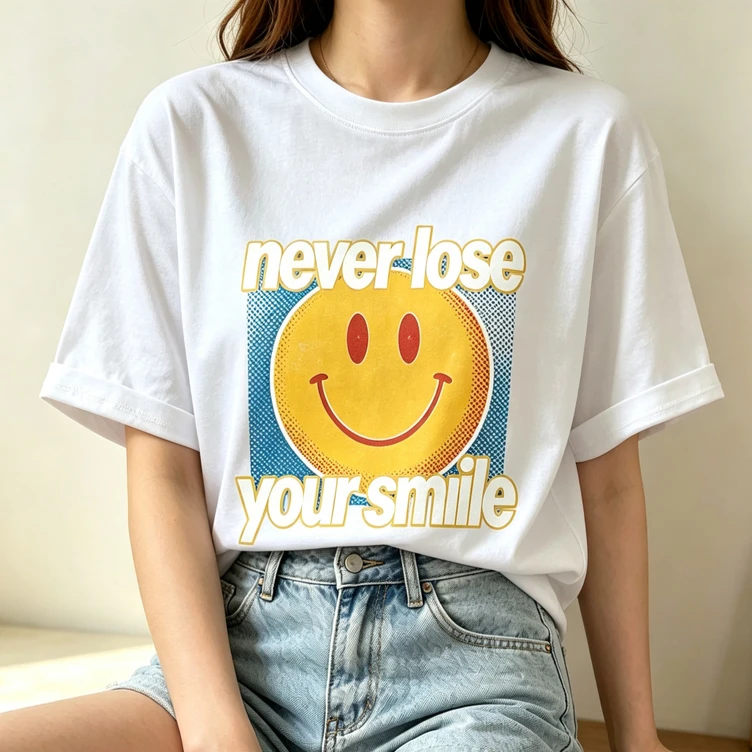 Vintage Comic Style Smiley Face T Shirt for Women Never Lose Your Smile Positive Quote Casual Everyday Summer Outfit O Neck Tee