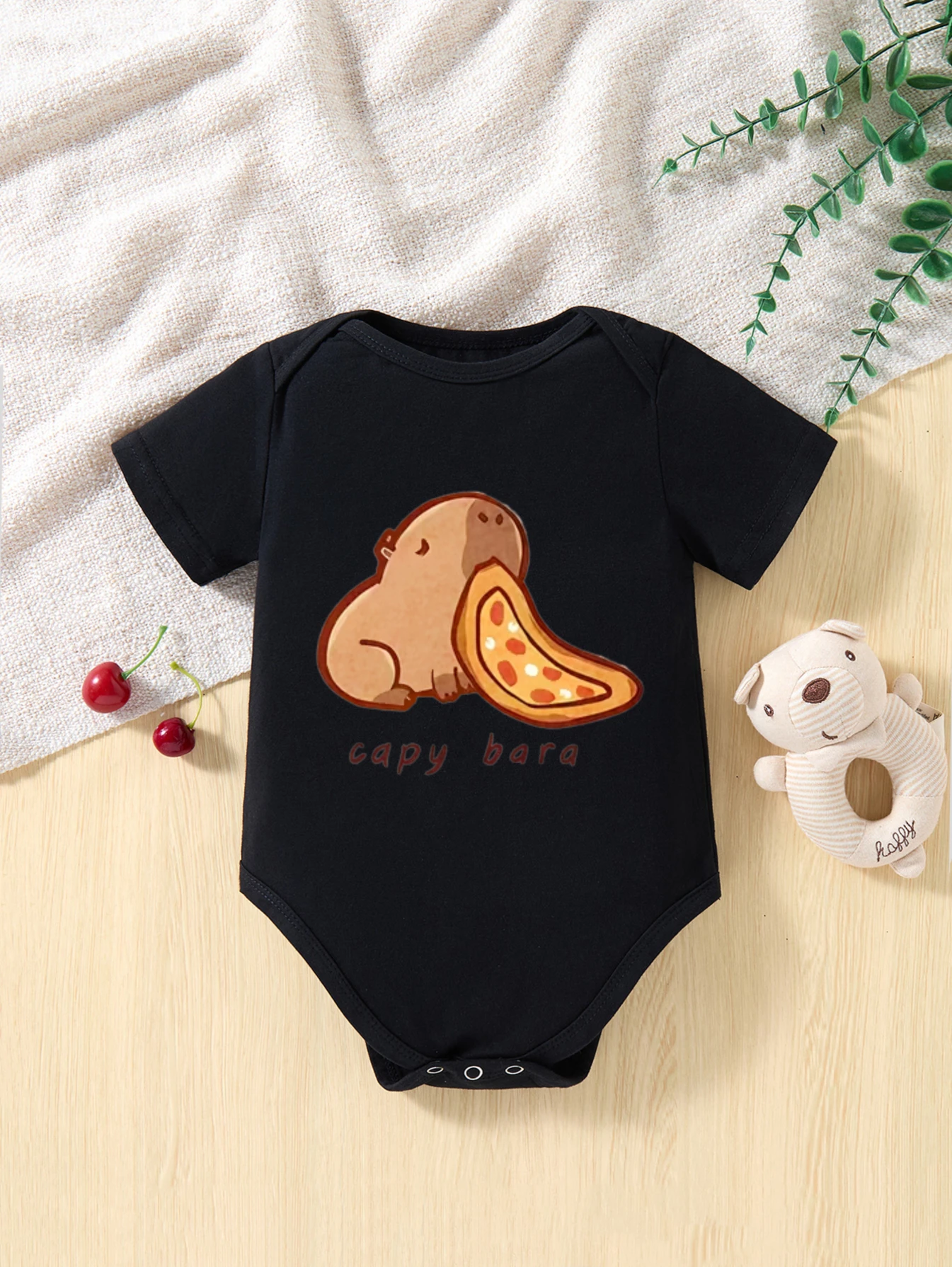 

​Children's Black Bodysuit Capybara Cartoon with Pizza Slice Brown Text Pattern Unisex For Baby Boys Girls Playtime​