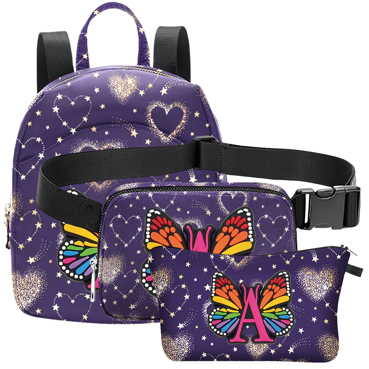 Conjunto de mochila escolar con estampado de letras de mariposa para adolescentes, mochila escolar informal para niños, bolsa de pecho, bolsa de maquillaje, 3 piezas