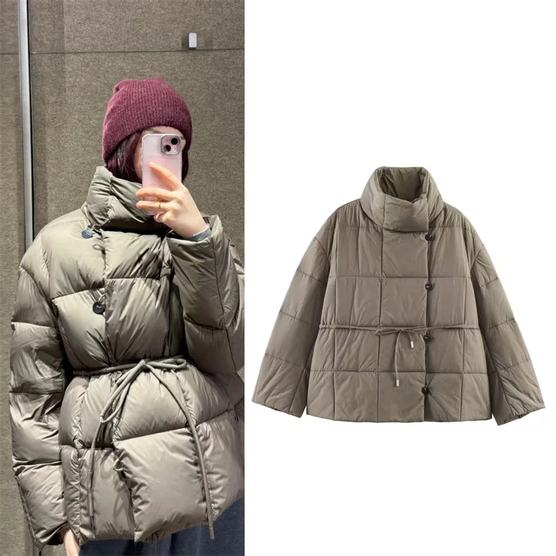 

Женская куртка 2026, весенний новый стиль, серый, с длинными рукавами и поясом, однобортное теплое хлопковое пальто, повседневное модное универсальное пальто