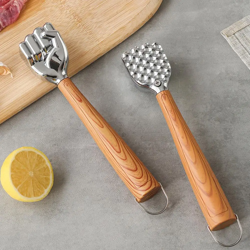 Hanging Loop Kitchen Tool Meat Tenderizer Hammer with Ergonomic Wooden Handle Heavy Duty Zinc Alloy Mallet Multi-sided for Steak