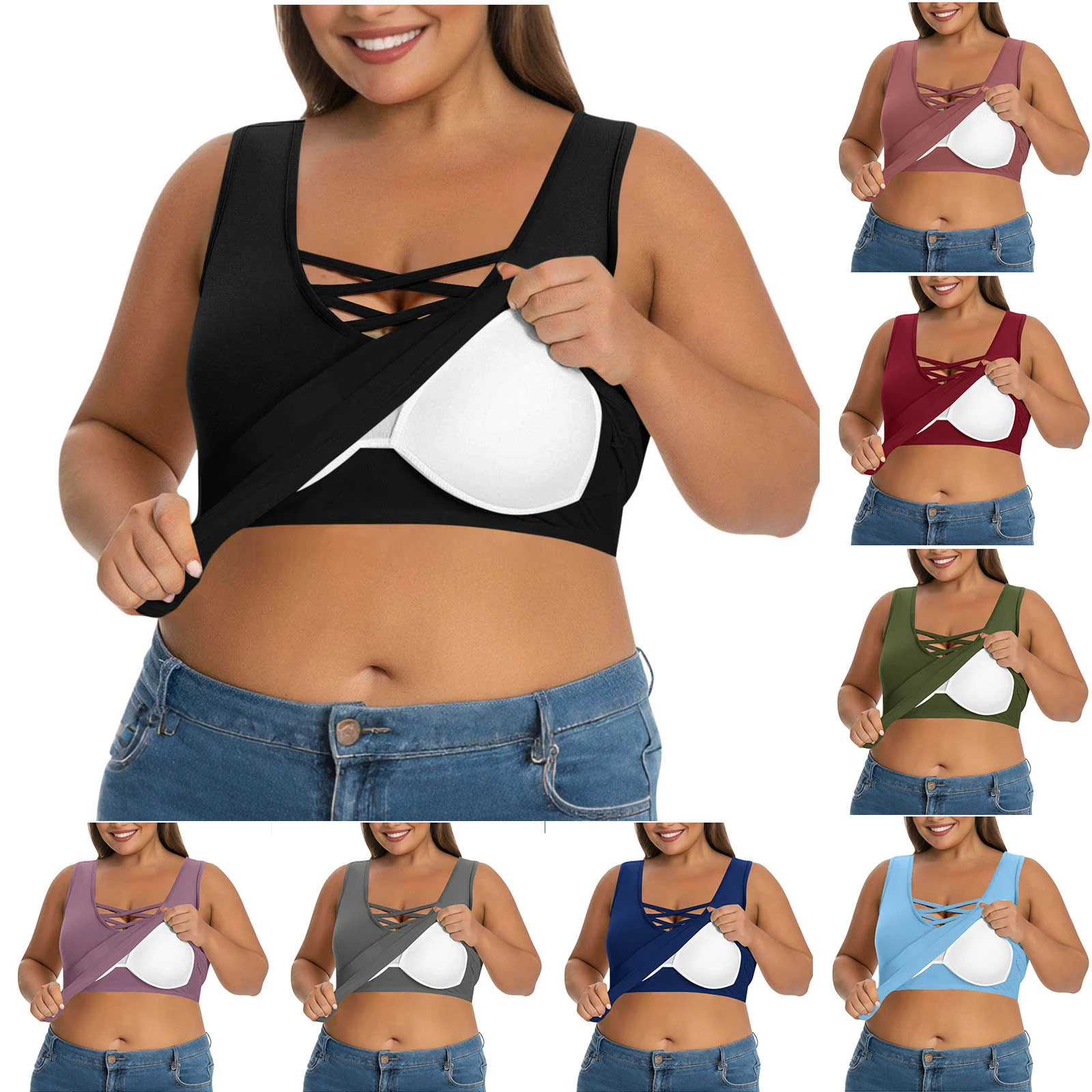 Top de tirantes cruzado para mujer, talla grande, con sujetador acolchado, sin mangas, liso, básico, para verano, estilo urbano, cómodo para uso diario.