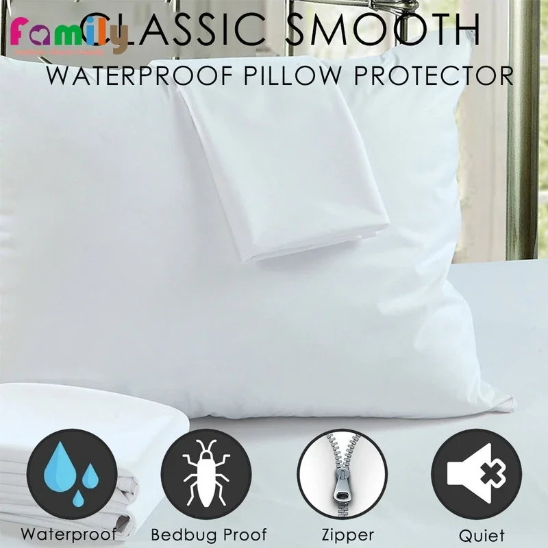 100% Waterproof Smooth Pillow Protector Pilowcase Anti Mites Bed Bug Proof Zipper Cover Allergy Pilow Case Eco-Friendly No Noise