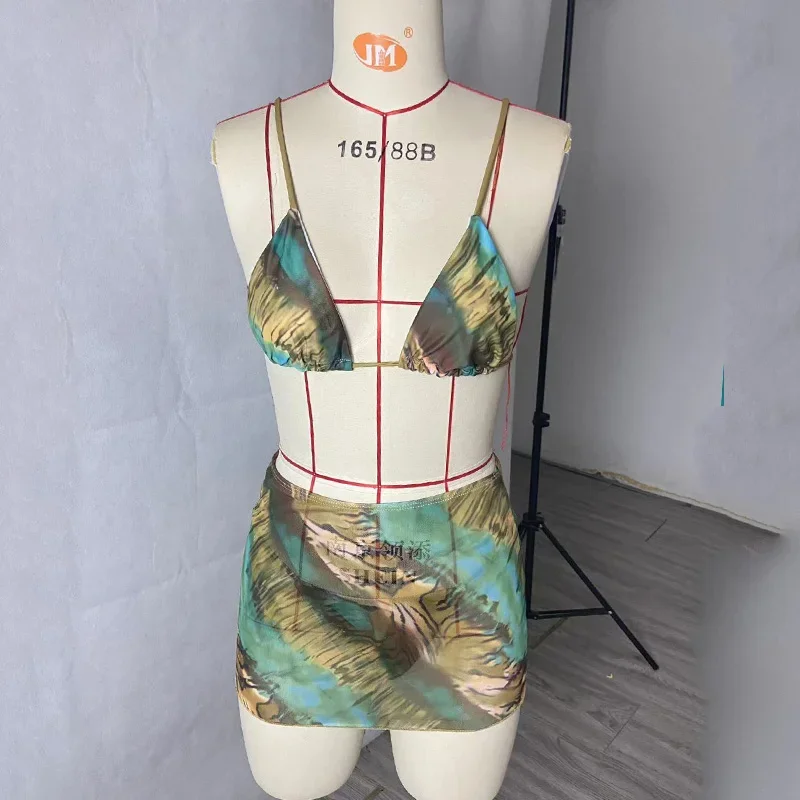 Sexy Women Bikini Three Piece Summer Sexy Printed Suspender Lace Up Slim Backless High Waist Thong Holiday Beach Swimsuit