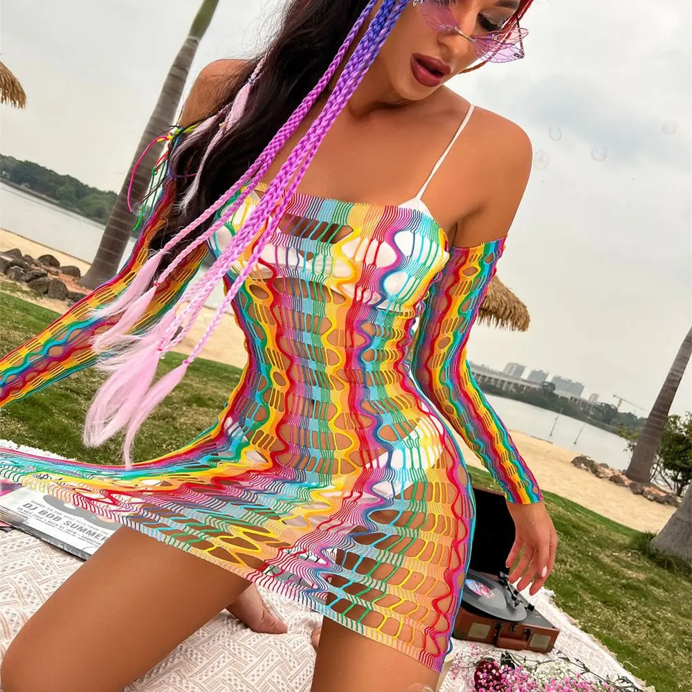 For Girls Hollow Out Summer Outfits Beach Wear Transparent Bikini Cover Ups Fishnet Tank Tops Rainbow Swimsuit Women Mesh Dress