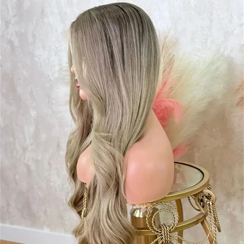 28 Inch Long Wave Wig Ombre Ash Blonde Balayage Wig Heat Resistant Fiber Synthetic Hair HD Lace Front Glueless Wig Party Wigs