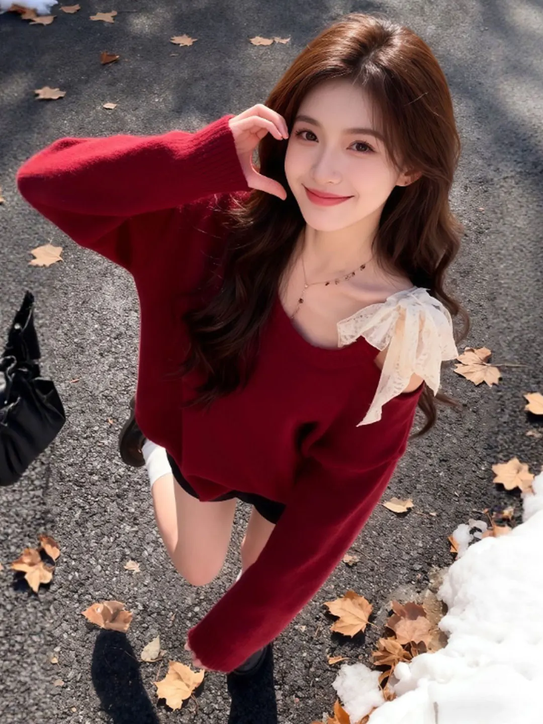 

Red Asymmetrical Shoulder Sweater Women's Fashionable Spring Clothes Soft Knitted Long Sleeve round Neck Knot Top
