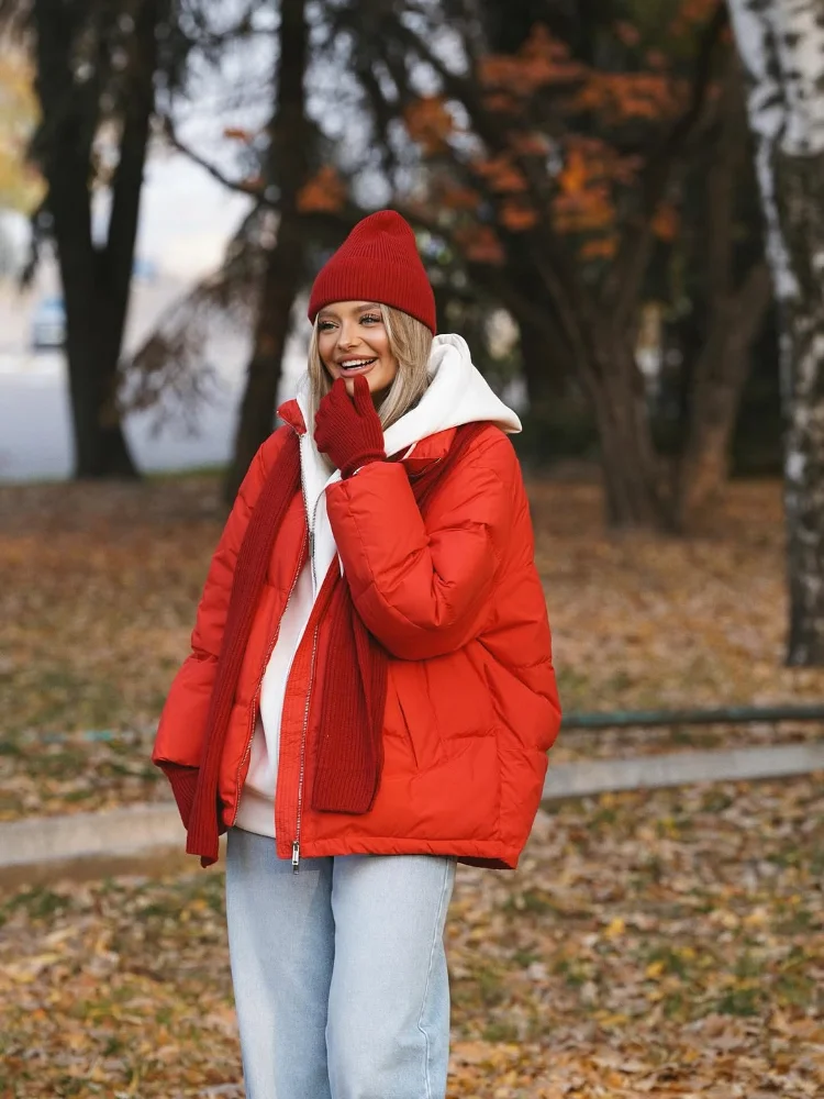 

Women Retro Red Hooded Cotton Coat Casual Full-sleeved Stand Collar Zipper Pocket Warm Jacket Lady Winter Daily Street Coats
