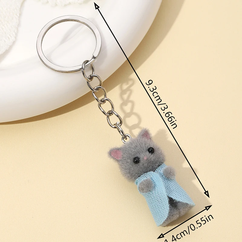 Cute 3D Flocking Cat Keychain Cute Cartoon Plush Cat Keyring Bag Pendant Decoration Backpack Charm Key Holder Accessories