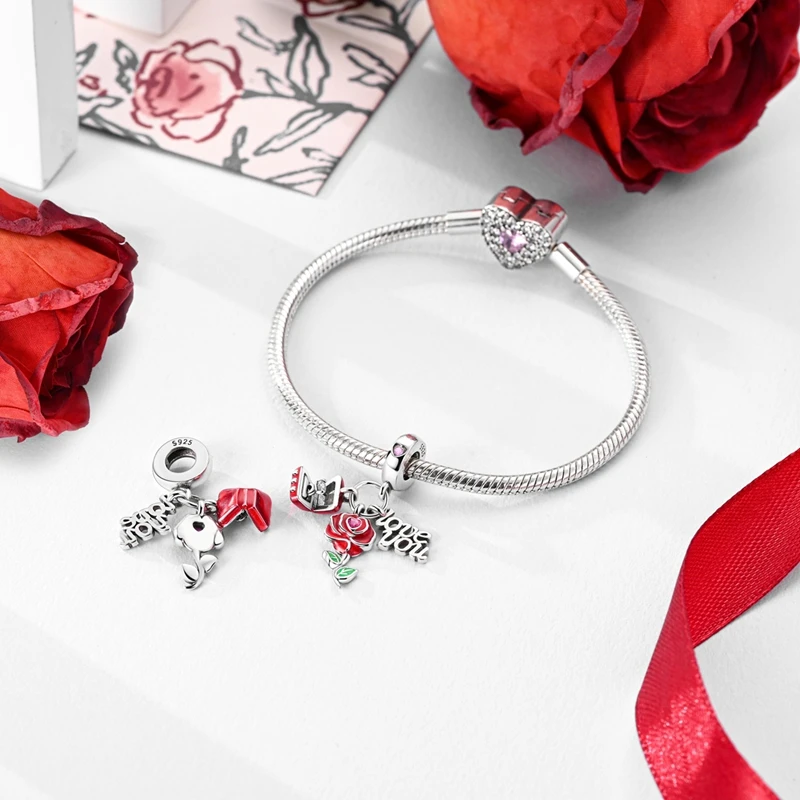 New Valentine's Day 925 Silver Red Rose Wedding Rings Love Lock Charms Beads Fit Pandora 925 Original Bracelet DIY Jewelry Gift