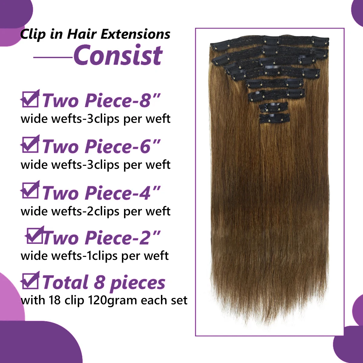 Clipe reto em extensões de cabelo, cor marrom clara média, cabelo humano brasileiro, 8pcs, #6, 240g por pacote