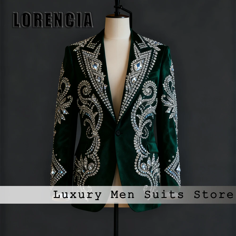 

Elegant Velvet Men Suits 2 Pieces Luxury Diamond Wedding Party Groom Tuxedo Set Customized Blazer Pants traje juvenil masculino