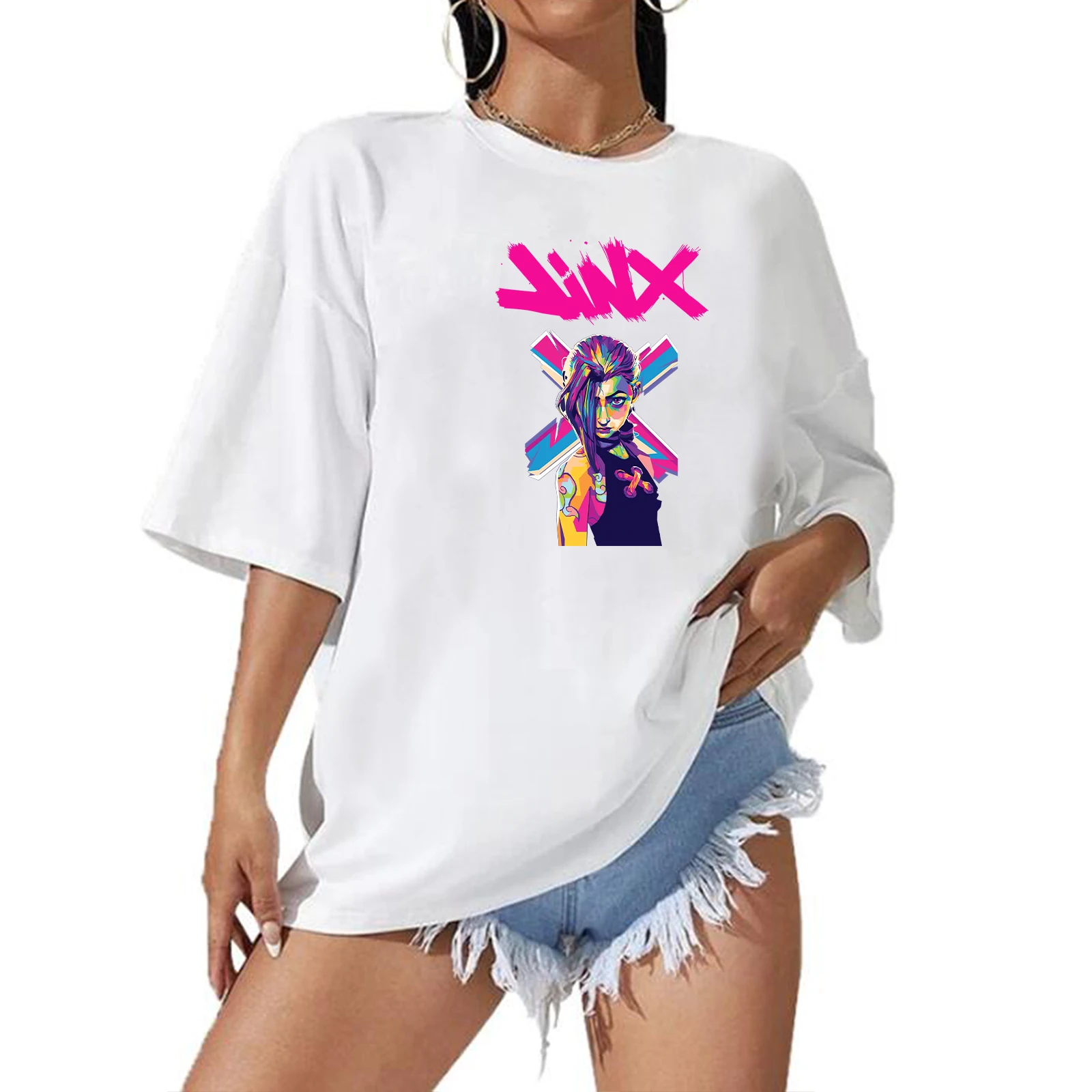 Jinx Arcane Pop Art Extra Large T-shirt O-Neck Short Sleeve Fashion Oversize Shirts