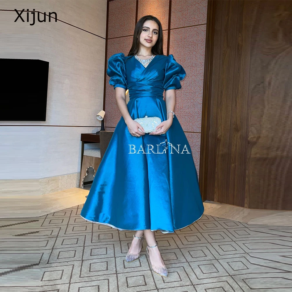 Xijun Blue SimpleEvening Dresses Saudi Arabric V-Neck Prom Dresses A Line Ankle Length Prom Gown Formal Party Dresses 2023 Women