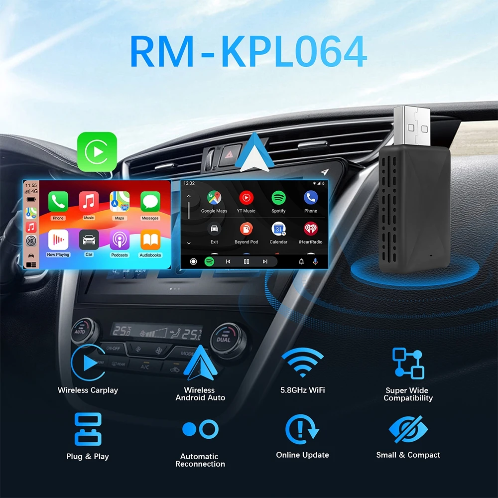 Cableado a inalámbrico Carplay y Android Auto AI Box 2 en 1 Mini adaptador Plug And Play Dongle conexión rápida Compatible con 99% de coches