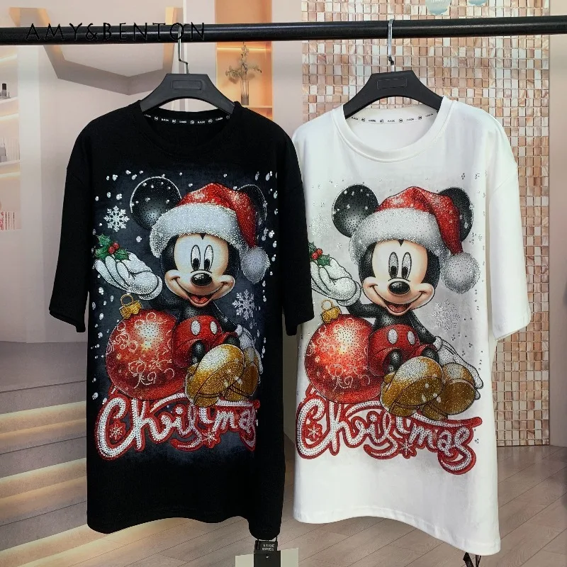 أزياء لطيف المتضخم فضفاضة قصيرة الأكمام البلوز تي شيرت البلوفرات 2025 الخريف جديد الصناعة الثقيلة غسل الترتر الكرتون التي شيرت