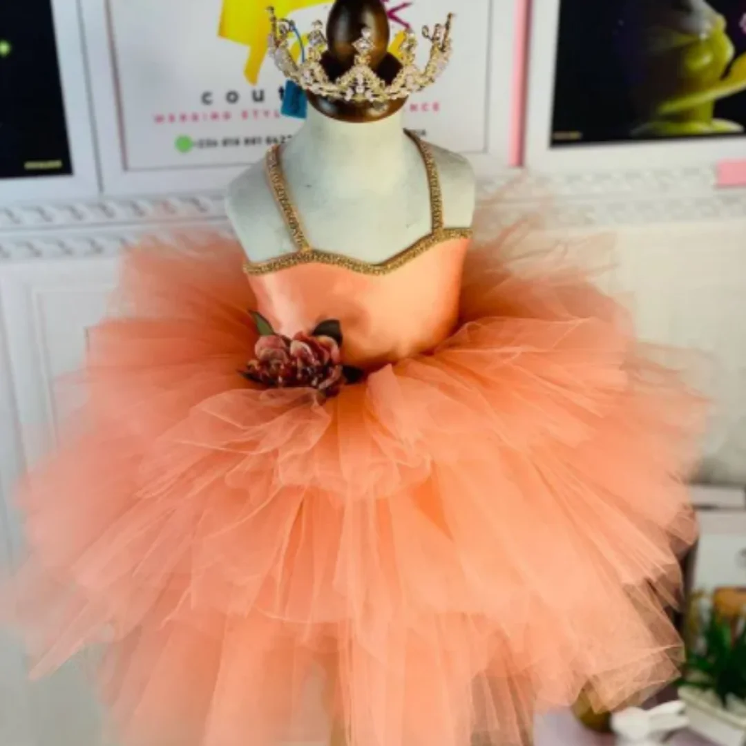 Vestidos de tutú con cristales naranjas para niña, vestido de baile hasta la rodilla, tul, Lilttle, vestidos de boda para desfile de cumpleaños para niños