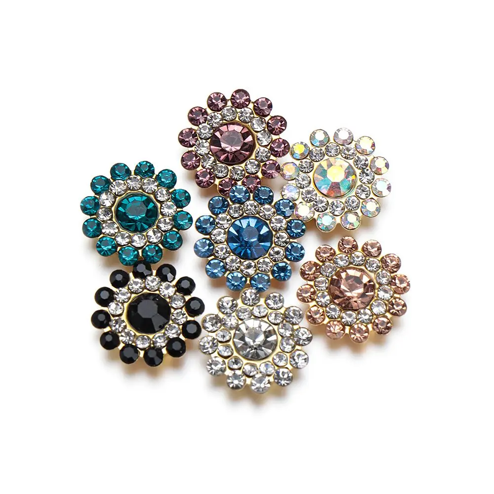 10PCS 14mm Flower-shaped Rhinestone Buttons Sparkling Crystal Glass Stone Steel Bottom Clothes Decoration Sewing Accessories