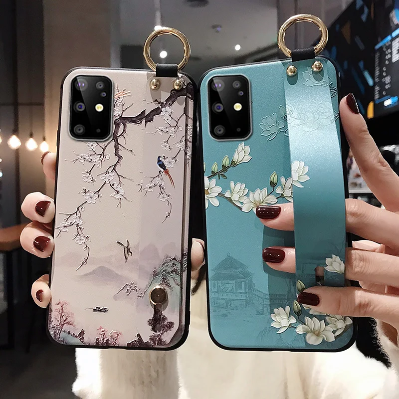 Galaxy S21 FE Case Luxury Art Leaf Flower Wrist Strap Phone Holder Cover Shell for Samsung S22 Ultra A33 53 73 M52 TPU Back Etui