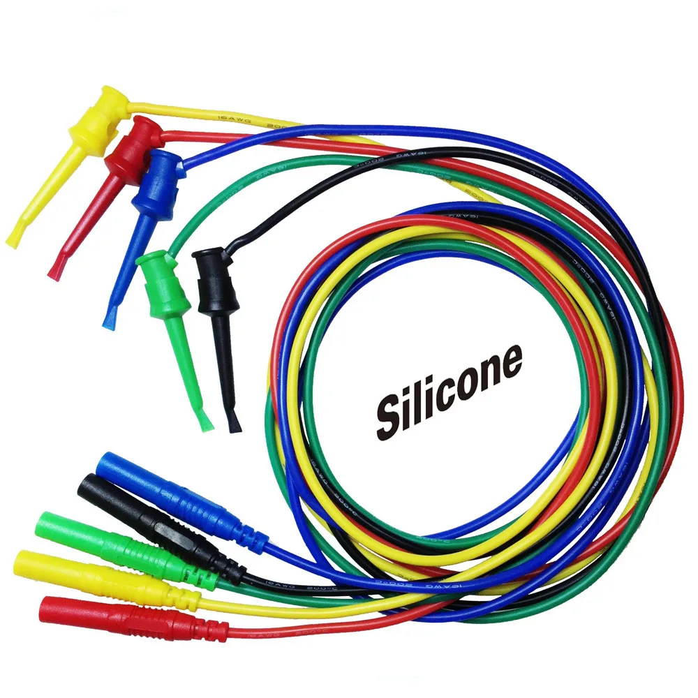 5 Pieces test hook clip with 4mm banana plug, 16 AWG ultra soft silicone moulded 5 colors cable