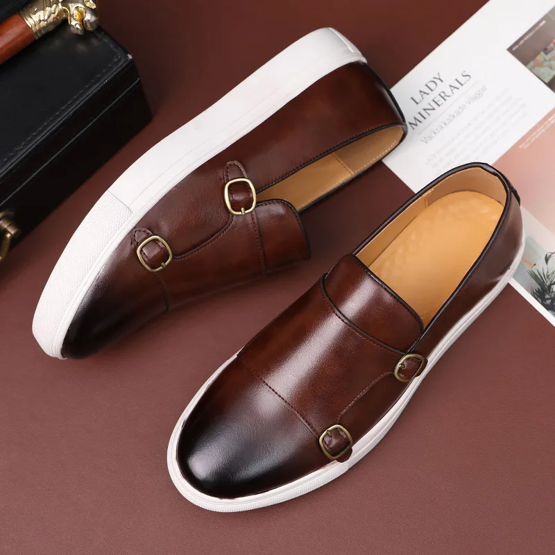 Fashion Man Casual Shoes Leather Men\'s Retro British Style Loafers Slip-on Outdoor Flats Double Monk Business Daily Shoe