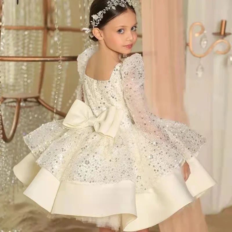 White Glitter Illusion Lush Girl Party Dresses Layers Puffy Girl Princess Dress Shiny luxurious Birthday First Communion Dresses