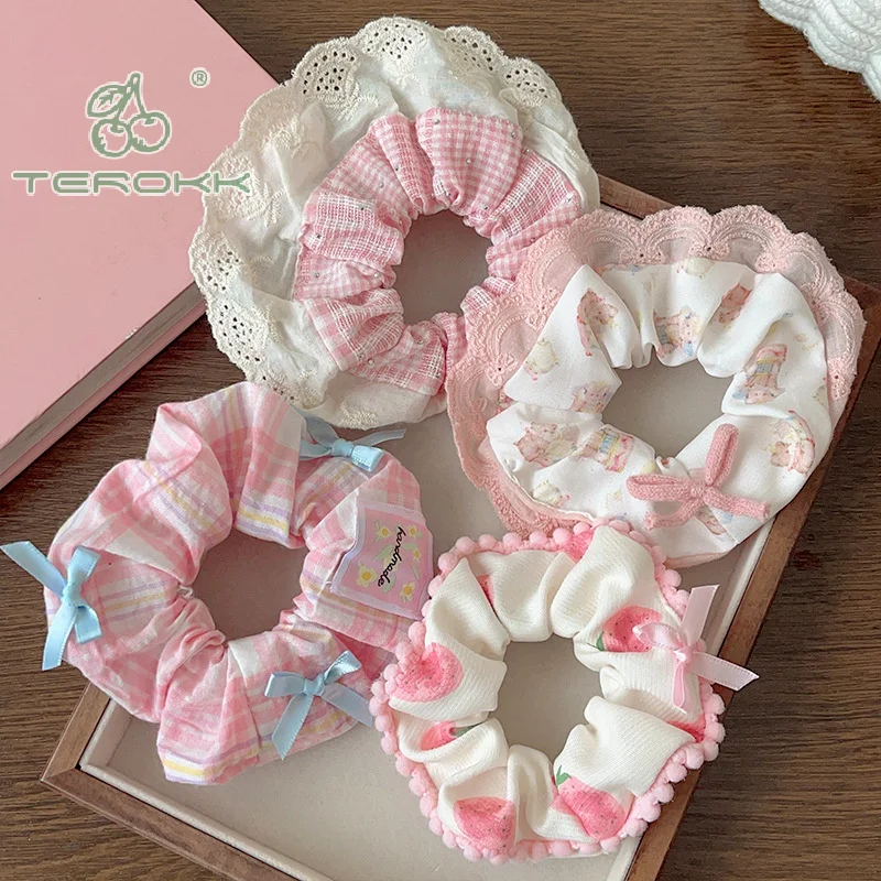 Elegant Print Lace Edge Wide Scrunches For Women Girls Sweet Hair Tie Cute Exquisite Hair Band Fashion Hair Accessories Gifts