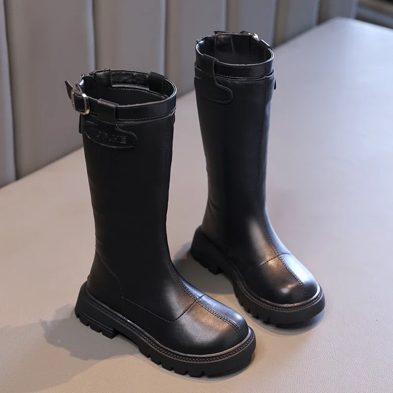 Nova menina botas de inverno fundo grosso crianças botas de algodão cor sólida preto crianças causal botas longas passarela versátil dedo do pé redondo