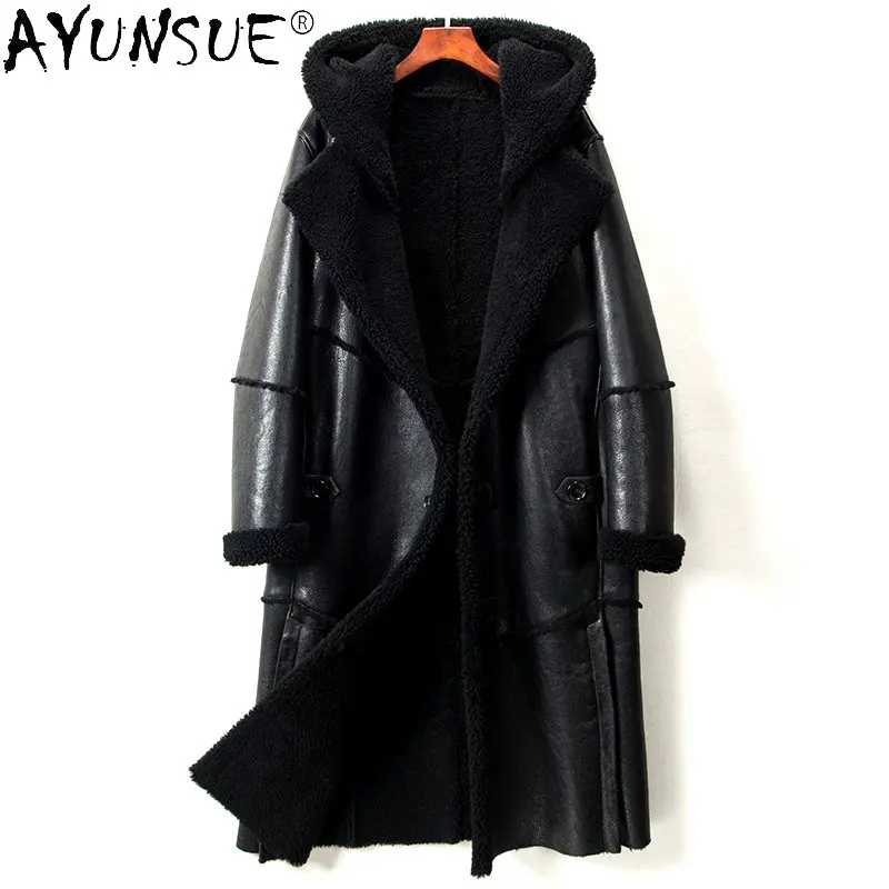 AYUNSUE Warm Natural Fur Coat Winter Coats for Men Hood Long Leather Coat Men Genuine Sheepskin Jacket Thickened Fur Jackets SGG