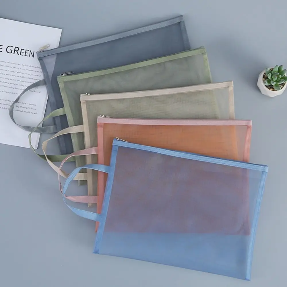 A4 Mesh Zipper Pouch Subject Simple Test Paper Files Bag Transparent Nylon Stationery Organizer Pouch Receipts