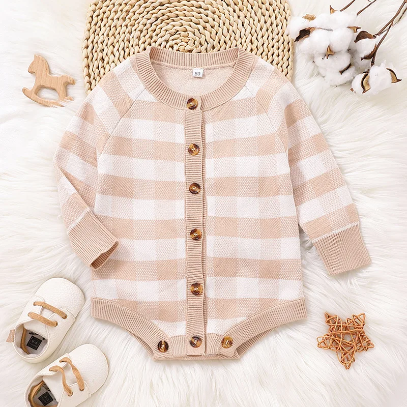 

Детские комбинезоны UNITIM для девочек и мальчиков: вязаные ромперы в клетку для новорожденных, весенние цельные комбинезоны для малышей, детские комбинезоны-слипы